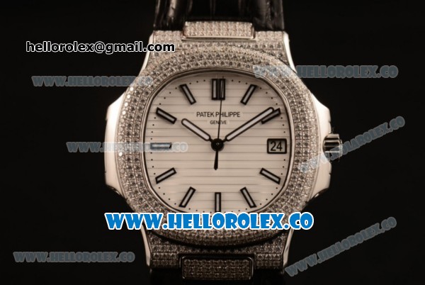 Patek Philippe Nautilus Miyota 9015 Automatic Diamonds/Steel Case with White Dial Diamonds Bezel and White Dial (AAAF) - Click Image to Close